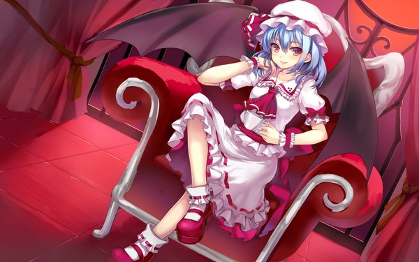 Anime picture 1920x1200 with touhou remilia scarlet momoko (momopoco) looking at viewer blush highres short hair red eyes wide image sitting blue hair girl dress skirt bow wings socks white socks skirt set