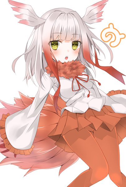 Anime picture 1378x2039 with kemono friends crested ibis (kemono friends) hashiko no woto single long hair tall image looking at viewer blush fringe open mouth light erotic simple background white background yellow eyes payot silver hair blunt bangs pleated skirt :o fur trim