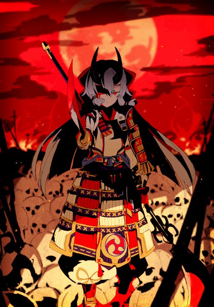 Anime picture 900x1288 with fate (series) fate/grand order tomoe gozen (fate) hiiragi fuyuki single long hair tall image looking at viewer fringe hair between eyes red eyes standing holding payot sky silver hair cloud (clouds) horn (horns) oni horns dual wielding