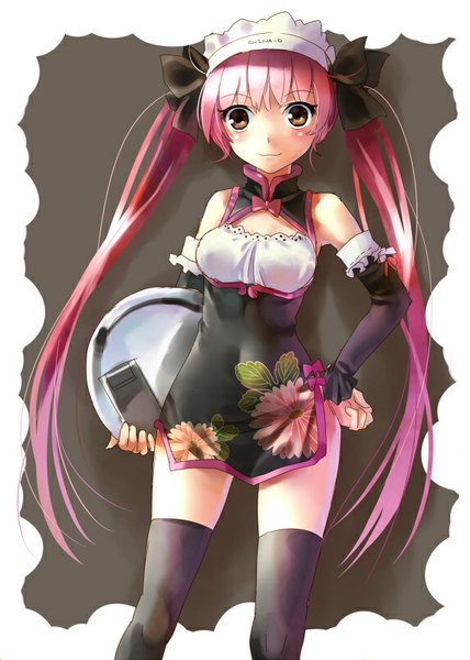 Anime picture 571x800 with original katahira masashi single tall image looking at viewer blush twintails holding brown eyes very long hair hand on hip border chinese clothes girl thighhighs dress ribbon (ribbons) black thighhighs hair ribbon detached sleeves
