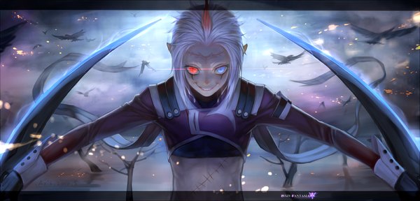 Anime picture 1600x768 with original pixiv fantasia pixiv fantasia sword regalia axis (artist) single looking at viewer short hair blue eyes smile red eyes wide image white hair pointy ears inscription teeth heterochromia grin scar glow sharp teeth