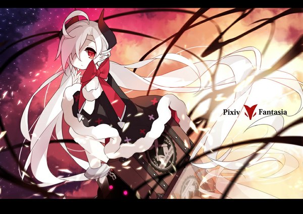 Anime picture 1000x707 with original pixiv fantasia pixiv fantasia t rulu saru (longbb) single looking at viewer fringe red eyes sitting ahoge white hair very long hair horn (horns) pointy ears hair over one eye fur trim letterboxed demon girl white skin