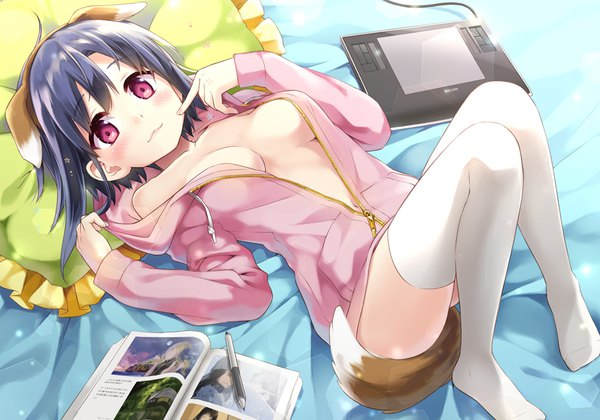 Anime picture 1000x700 with eretto single looking at viewer blush short hair breasts light erotic animal ears blue hair bent knee (knees) tail lying animal tail pink eyes from above on back finger to mouth fake animal ears undressing :3