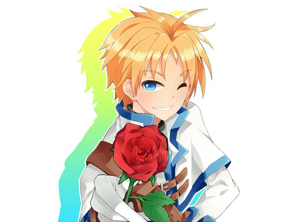 Anime picture 1024x768 with children of the rune lucian kaltz single short hair blue eyes simple background blonde hair smile white background one eye closed wink shadow boy flower (flowers) rose (roses)