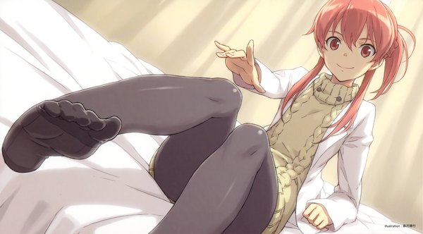 Anime picture 4329x2398 with sasami-san@ganbaranai shaft (studio) yagami tsurugi morisawa haruyuki single long hair highres red eyes wide image absurdres red hair scan no shoes legs pov feet girl pantyhose black pantyhose sweater toes