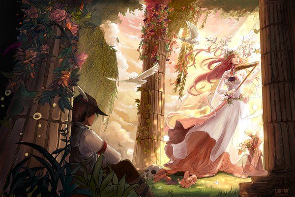 Anime picture 1495x1000 with original elin tan long hair short hair brown hair standing sitting signed cloud (clouds) outdoors eyes closed long sleeves horn (horns) sunlight fantasy sunbeam girl dress boy flower (flowers)