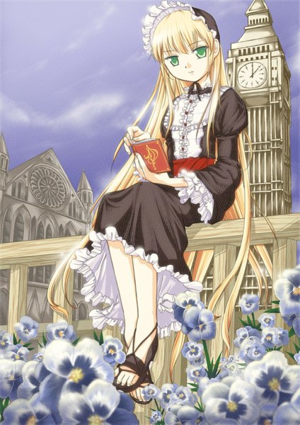 Anime picture 1600x2263 with gosick studio bones victorique de blois r.p.s single tall image looking at viewer blonde hair sitting green eyes very long hair goth-loli girl flower (flowers) book (books) bonnet clock clock tower