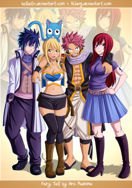 Anime picture 1100x1571 with fairy tail lucy heartfilia erza scarlet natsu dragneel gray fullbuster happy (fairy tail) natilokijung belucen long hair tall image blush short hair open mouth blue eyes blonde hair smile purple eyes twintails multiple girls brown eyes