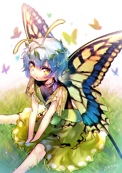 Anime picture 2149x3035 with touhou eternity larva hinasumire single tall image looking at viewer highres short hair sitting signed yellow eyes blue hair from above insect wings butterfly wings antennae girl dress wings insect