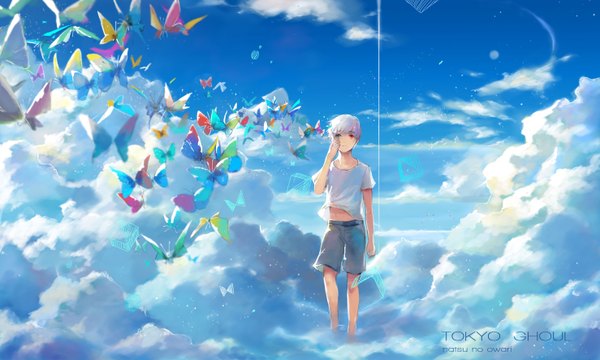 Anime picture 2953x1772 with tokyo ghoul studio pierrot kaneki ken ringo (ruoyuwang) looking at viewer highres blue eyes red eyes wide image standing sky cloud (clouds) wind sunlight bare legs bare belly sunbeam boy shorts insect