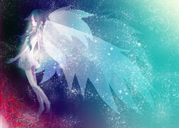 Anime picture 2101x1500 with saya no uta nitroplus saya (saya no uta) long hair highres green eyes barefoot green hair girl wings