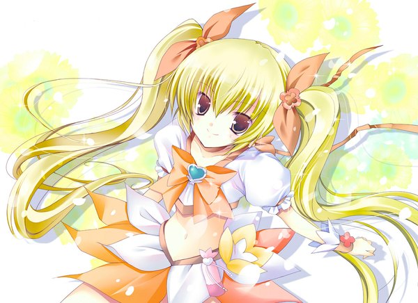 Anime picture 1100x800 with precure heartcatch precure! toei animation myoudouin itsuki cure sunshine shirogane hina single long hair looking at viewer blonde hair twintails yellow eyes midriff girl dress navel