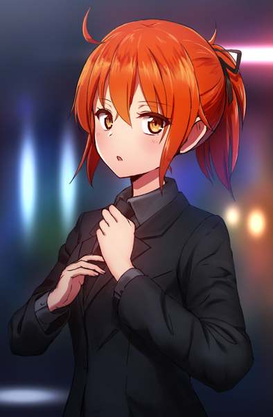 Anime picture 646x983 with fate (series) fate/grand order fujimaru ritsuka (female) mikomiko (mikomikosu) single tall image looking at viewer blush fringe short hair open mouth hair between eyes standing ahoge upper body ponytail orange hair :o orange eyes adjusting clothes