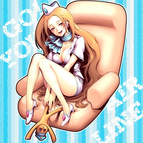 Anime picture 1000x1000 with ace attorney capcom shiraoto wakana kayu single long hair light erotic blonde hair sitting cleavage orange eyes blue background striped striped background girl earrings toy neckerchief armchair field cap