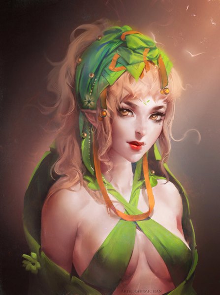 Anime picture 1024x1374 with sakimichan tall image blonde hair bare shoulders yellow eyes lips pointy ears realistic elf dress ribbon (ribbons)