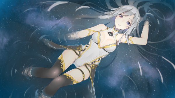 Anime picture 1920x1080 with original fhang single long hair looking at viewer highres breasts blue eyes light erotic red eyes wide image cleavage silver hair lying parted lips from above night no bra on back night sky