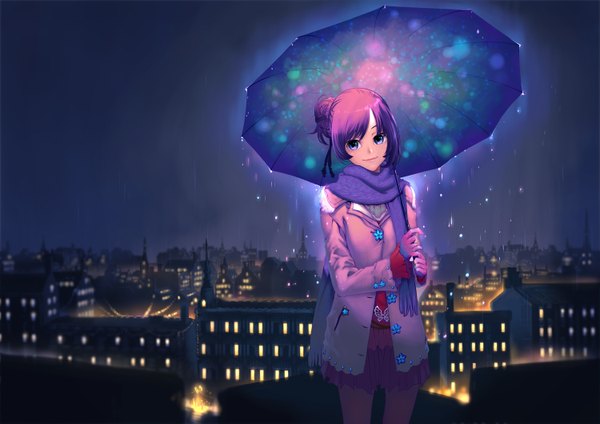 Anime picture 1500x1061 with original starnlei (artist) single blue eyes purple hair night city rain cityscape girl pantyhose scarf building (buildings) umbrella coat