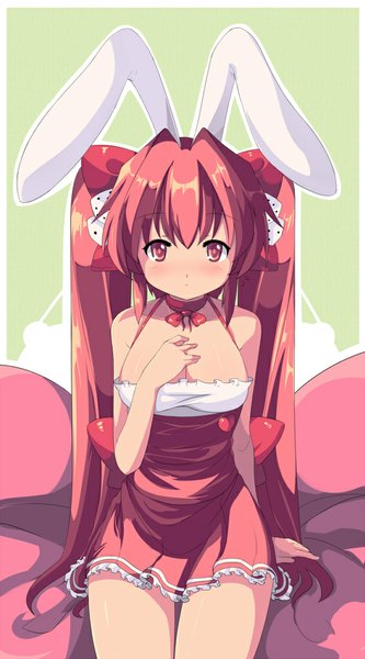 Anime picture 555x1000 with di gi charat madhouse usada hikaru rabi en rose saiste single long hair tall image looking at viewer blush light erotic red eyes sitting animal ears red hair bunny ears girl dress dice