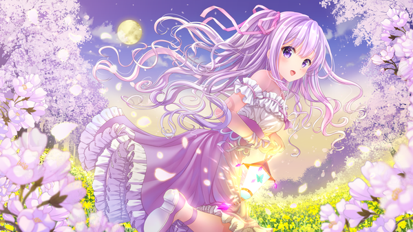 Anime picture 1920x1080 with original sakura moyon single long hair looking at viewer blush highres open mouth wide image purple eyes purple hair girl dress flower (flowers) petals frills