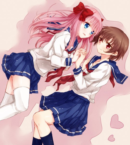 Anime picture 1120x1242 with saki haramura nodoka miyanaga saki sahara (charlotte) long hair tall image short hair blue eyes red eyes brown hair multiple girls pink hair girl thighhighs bow 2 girls hair bow white thighhighs serafuku