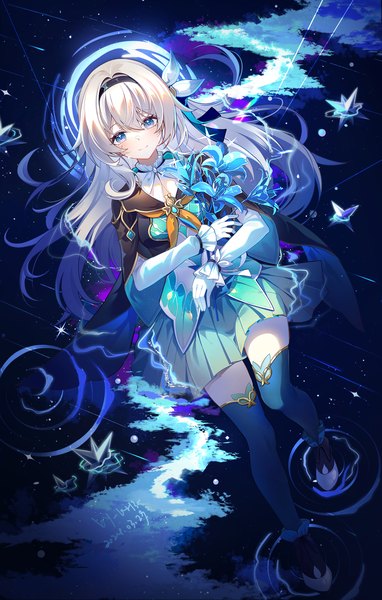 Anime picture 1273x2000 with honkai: star rail honkai (series) firefly (honkai: star rail) miaogujun single long hair tall image looking at viewer fringe blue eyes hair between eyes silver hair light smile zettai ryouiki tears partially submerged afloat girl thighhighs gloves