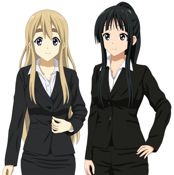 Anime picture 998x1000 with k-on! kyoto animation akiyama mio kotobuki tsumugi cp9a long hair tall image looking at viewer blue eyes black hair blonde hair simple background white background multiple girls ponytail black eyes girl 2 girls suit