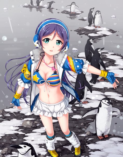 Anime picture 1200x1520 with love live! school idol project sunrise (studio) love live! toujou nozomi tucana long hair tall image blush fringe light erotic smile hair between eyes purple hair parted lips aqua eyes spread arms winter snow flock girl