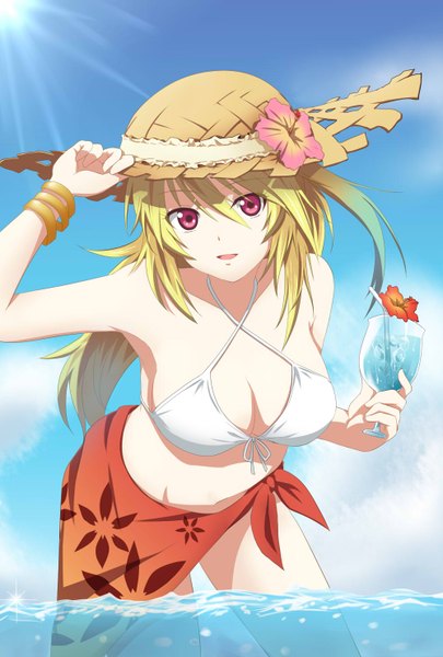 Anime picture 1000x1480 with tales of (series) tales of xillia milla maxwell kure~pu single long hair tall image looking at viewer open mouth light erotic blonde hair hair between eyes red eyes girl flower (flowers) swimsuit hat bikini water drink