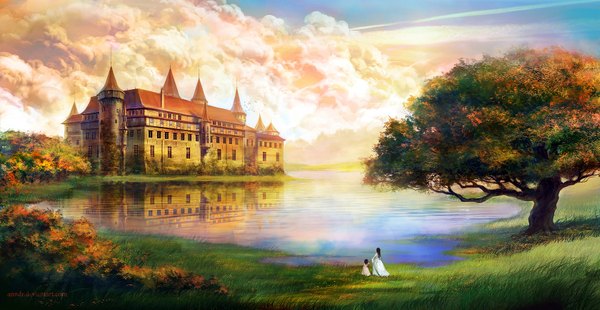 Anime picture 1680x870 with anndr (artist) long hair black hair wide image signed sky cloud (clouds) from behind landscape lake girl dress plant (plants) tree (trees) water grass forest child (children) castle