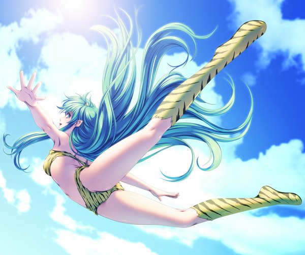Anime picture 1000x835 with urusei yatsura lum rezi single long hair blue eyes sky cloud (clouds) aqua hair legs flying girl navel underwear panties boots