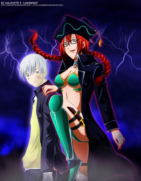 Anime picture 2337x2997 with beelzebub studio pierrot furuichi takayuki agiel linkzerx9 hulohotz long hair tall image highres short hair open mouth smile silver hair red hair braid (braids) grey eyes orange eyes twin braids coloring girl