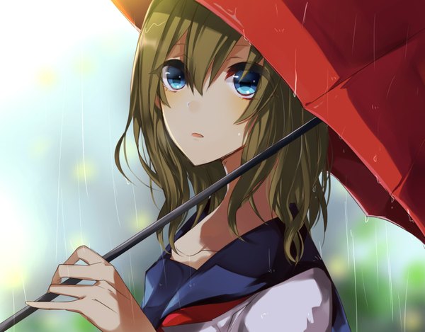 Anime picture 1725x1350 with original chunnkoromochi single long hair looking at viewer fringe highres open mouth blue eyes brown hair sunlight close-up rain girl uniform school uniform umbrella