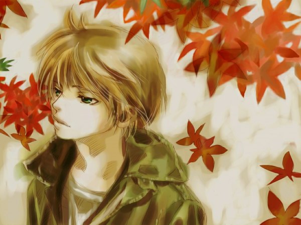 Anime picture 1100x825 with vocaloid kagamine len ura hanabi single short hair blonde hair green eyes autumn boy leaf (leaves) autumn leaves