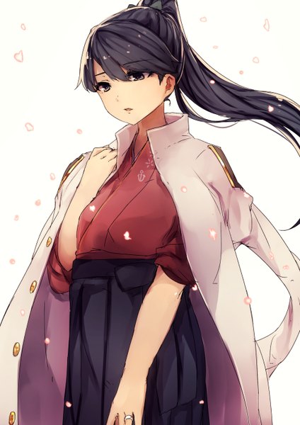 Anime picture 990x1400 with kantai collection houshou light aircraft carrier kyouya (mukuro238) single long hair tall image fringe black hair standing ponytail traditional clothes japanese clothes wind grey eyes meiji schoolgirl uniform girl petals ring