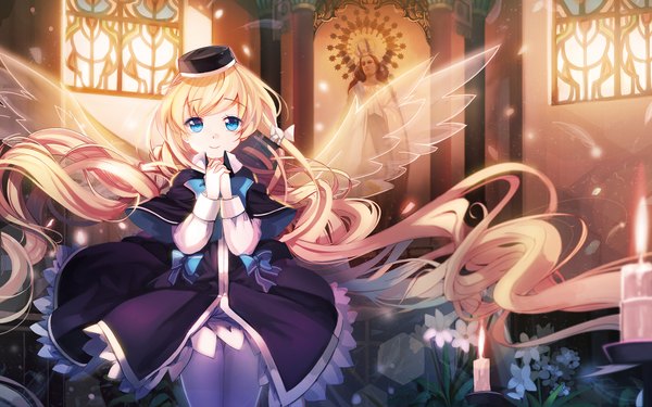 Anime picture 1920x1200 with magi in wanchin basilica xiao ma fuyouchu single looking at viewer highres blue eyes blonde hair indoors very long hair light smile wallpaper hands clasped girl dress flower (flowers) ribbon (ribbons) pantyhose wings white pantyhose