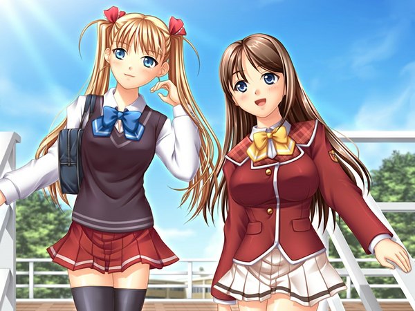 Anime picture 1024x768 with oni chichi akizuki airi akizuki marina long hair blue eyes blonde hair brown hair twintails multiple girls game cg girl 2 girls serafuku