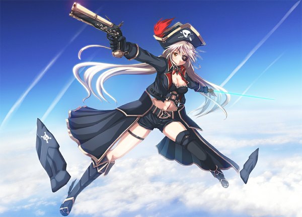 Anime picture 1000x719 with original harukaze bou single long hair looking at viewer blush yellow eyes white hair bare belly spread arms flying glowing weapon pirate girl thighhighs weapon black thighhighs hat shorts belt