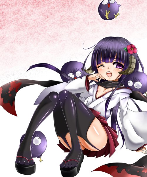 Anime picture 1050x1260 with inu x boku ss david production shirakiin ririchiyo chaba (artist) single long hair tall image blush breasts open mouth light erotic purple eyes looking away purple hair long sleeves traditional clothes one eye closed hair flower horn (horns) wink