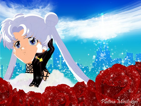Anime picture 1024x768 with bishoujo senshi sailor moon toei animation tsukino usagi single long hair blue eyes twintails white hair girl gloves flower (flowers) rose (roses) ring red rose