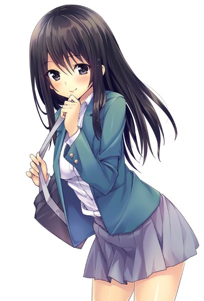 Anime picture 545x800 with original oryou single long hair tall image looking at viewer blush fringe black hair simple background smile hair between eyes standing white background holding long sleeves pleated skirt fingernails black eyes leaning