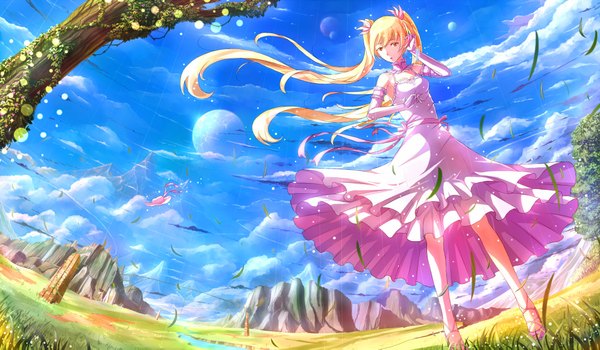 Anime picture 2046x1195 with original kazeno long hair highres blonde hair red eyes wide image twintails sky cloud (clouds) wind landscape scenic rock girl dress plant (plants) tree (trees) grass planet