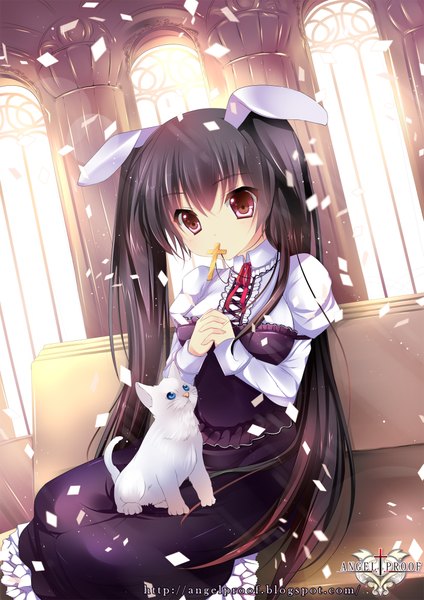 Anime picture 1414x2000 with original usagihime long hair tall image black hair red eyes sitting twintails loli bunny ears girl cat cross