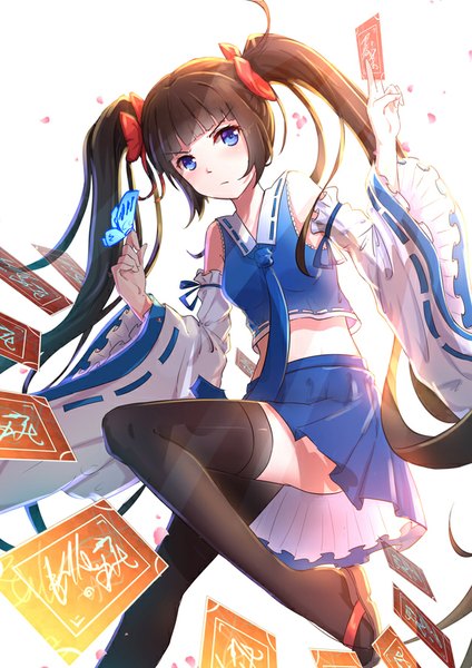 Anime picture 628x888 with original pixiv fantasia pixiv fantasia t byakuya reki single long hair tall image blue eyes black hair twintails girl thighhighs skirt bow black thighhighs hair bow detached sleeves petals necktie insect