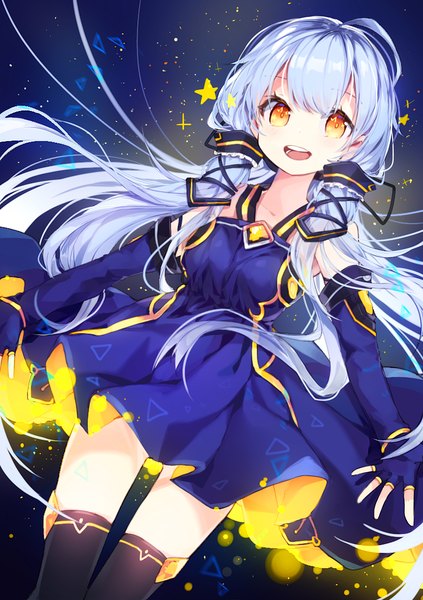 Anime picture 800x1135 with vocaloid xingchen name (oiuio) single long hair tall image looking at viewer blush fringe open mouth blue hair teeth sparkle from below orange eyes zettai ryouiki floating hair happy spread arms shiny