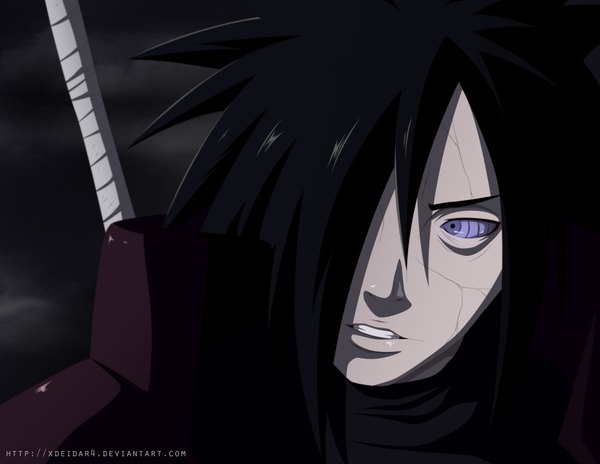 Anime picture 3700x2867 with naruto studio pierrot naruto (series) uchiha madara xdeidar4 single long hair fringe highres black hair purple eyes absurdres cloud (clouds) hair over one eye night night sky coloring close-up face rinnegan