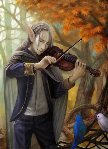 Anime picture 1091x1500 with original k-bose single tall image eyes closed pointy ears grey hair autumn boy plant (plants) animal tree (trees) bird (birds) leaf (leaves) musical instrument autumn leaves violin bow (instrument)