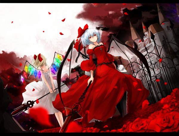 Anime picture 1000x764 with touhou flandre scarlet remilia scarlet miruto netsuki short hair blonde hair red eyes multiple girls white hair girl dress flower (flowers) bow weapon 2 girls hair bow petals wings spear castle