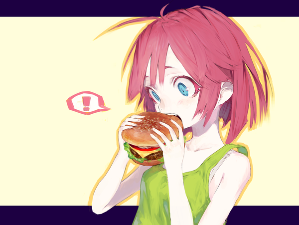 Anime picture 2848x2144 with original ozyako single highres short hair open mouth blue eyes simple background holding pink hair ahoge upper body sleeveless looking down eating yellow background food in mouth ! girl food