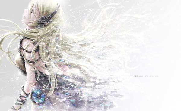 Anime picture 1200x739 with vocaloid lily (vocaloid) nuwanko single long hair fringe open mouth blonde hair wide image profile looking up glow girl headphones cable