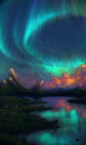 Anime picture 1024x1727 with original hikaruga tall image sky cloud (clouds) night reflection no people landscape scenic river rock shooting star aurora borealis water
